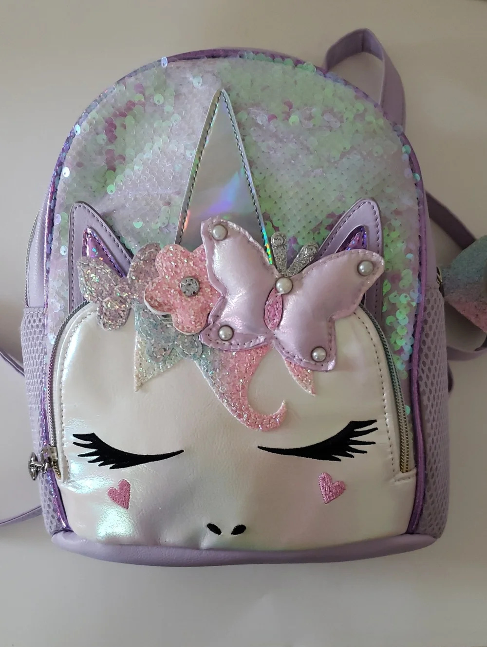 Unicorn Sequin Kids Backpack Lavender. Miss Gwen butterfly flower crown rainbow